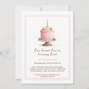 Aquarelle 1er anniversaire Invitation - Gâteau ros