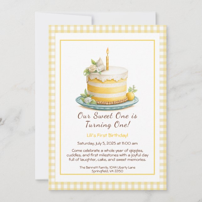 Aquarelle 1er anniversaire Invitation - Jaune de g (Devant)