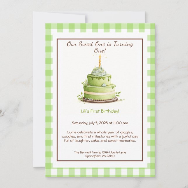 Aquarelle 1er anniversaire Invitation - Vert pâtis (Devant)