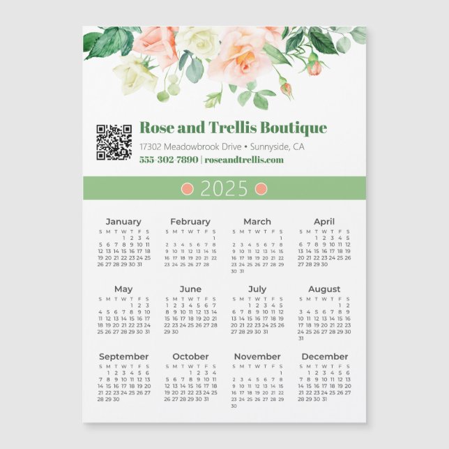 Aquarelle 2025 Roses Business Calendar Magnet (Devant)