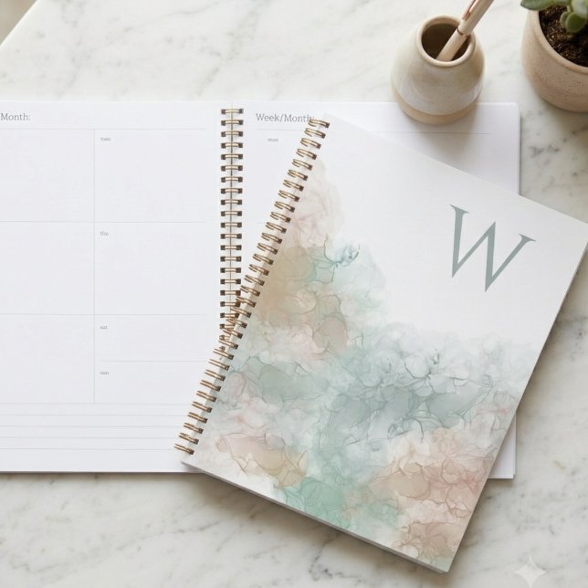 Aquarelle Abstraite Initiale Douce (Beautiful watercolor initial spiral planner for busy women or students to stay organized.)