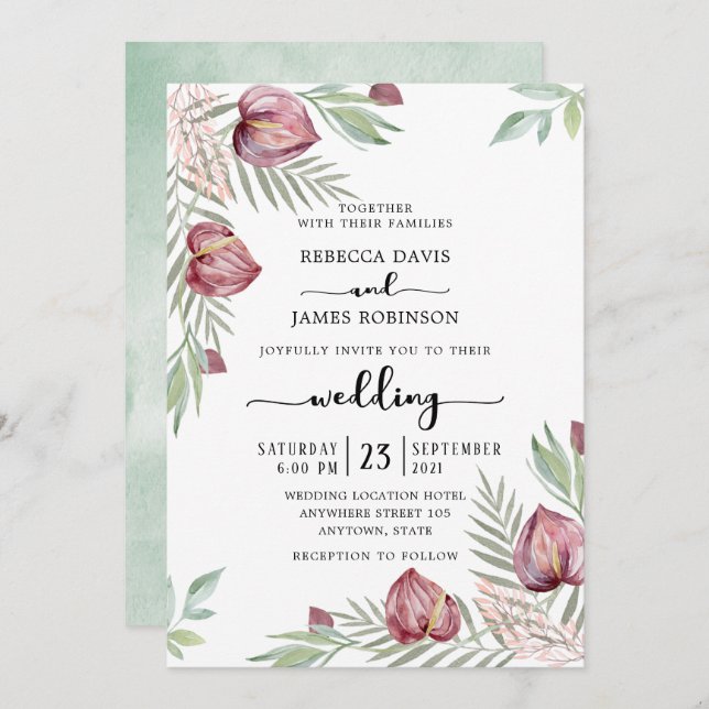Aquarelle Anthurium Floral Faire-part de mariage (Devant / Derrière)