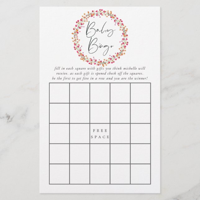 Aquarelle Aquarelle Wild Flower Baby shower Bingo (Devant)