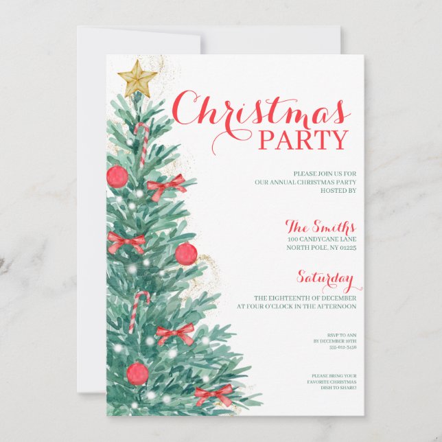 Aquarelle Arbre Noël Soirée Élégante Invitation (Devant)