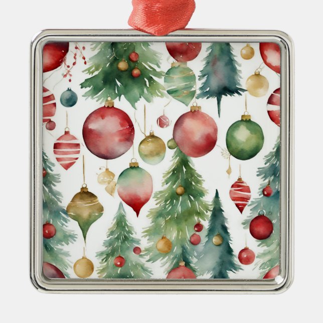 Aquarelle Arbres de Noël et Ornements Abstraits (Devant)