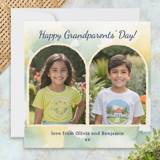 Aquarelle Arches 2 Photos Carte Jour Grand-Parents (An elegant card with 'Happy Grandparents' Day' greeting and 2 custom photos in arch-shaped 'frames')