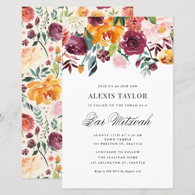 Aquarelle Autumn Blooms Bar Mitzvah Invitation (Devant / Derrière)