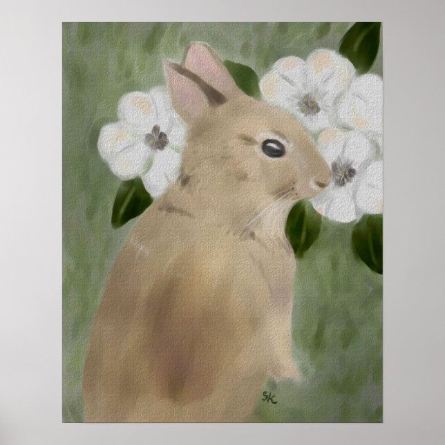 Aquarelle Baby Rabbit et fleurs Poster Imprimer (Devant)