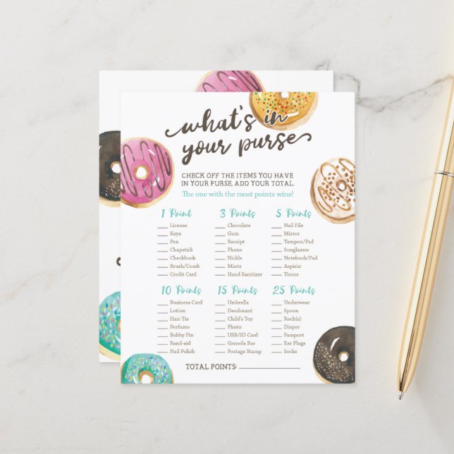 Aquarelle Baby shower Donut Whats in Purse Game (Devant/Arrière en situation)