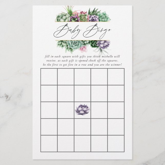 Aquarelle Baby shower géométrique Succulent Bingo (Devant)