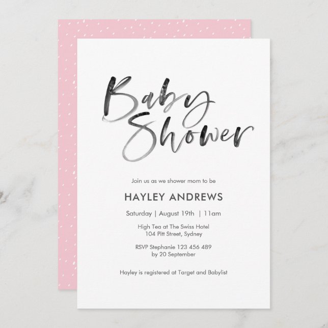 Aquarelle Baby shower invitation rose (Devant / Derrière)