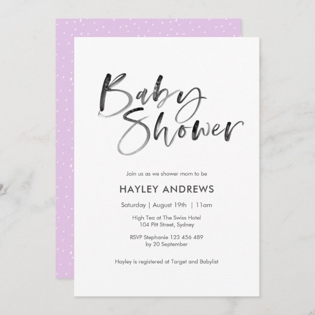 Aquarelle Baby shower invitation violet (Devant / Derrière)