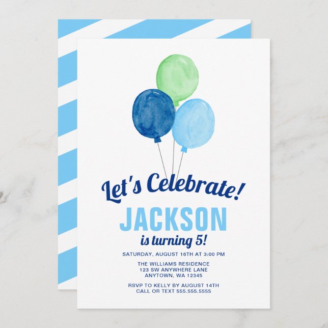 Aquarelle Ballons garçon Invitations d'anniversair (Devant / Derrière)