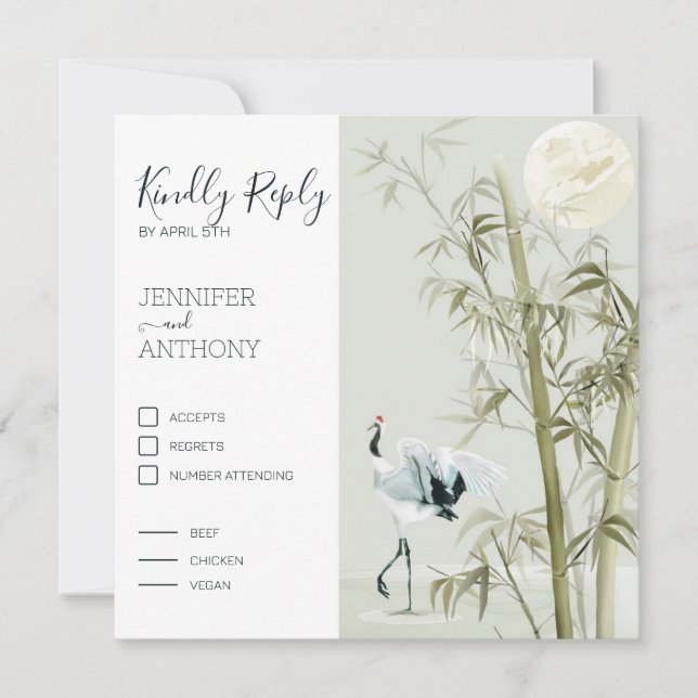 Aquarelle Bambou Lune et grue Bird (Devant)