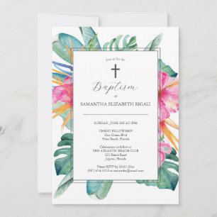 Aquarelle Baptême Invitations Fleurs tropicales