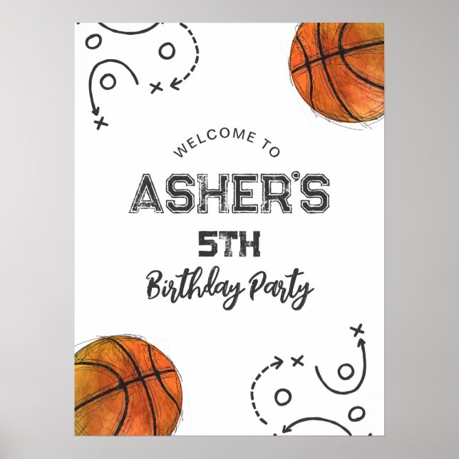 Aquarelle Basketball Anniversaire Bienvenue Poster (Devant)