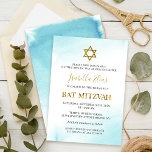 Aquarelle bat mitzvah Pastel Blue Gold Invitation<br><div class="desc">Aquarelle bat mitzvah Pastel Blue Gold Invitation</div>