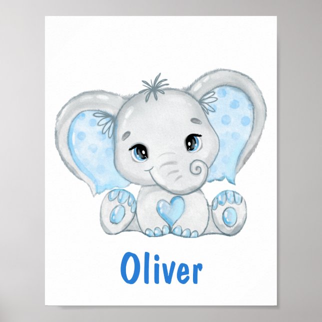 Aquarelle Bébé Eléphant Bleu Garçon Nursery Poster (Devant)