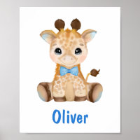 Aquarelle Bébé Giraffe Bleu Garçon Poster