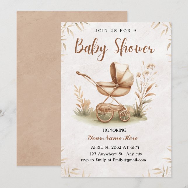 Aquarelle Beige Rustique Baby shower Invitation Ga (Devant / Derrière)