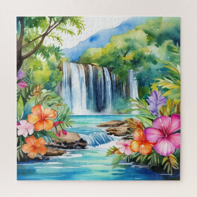 Aquarelle belle cascade tropicale puzzle (Vertical)