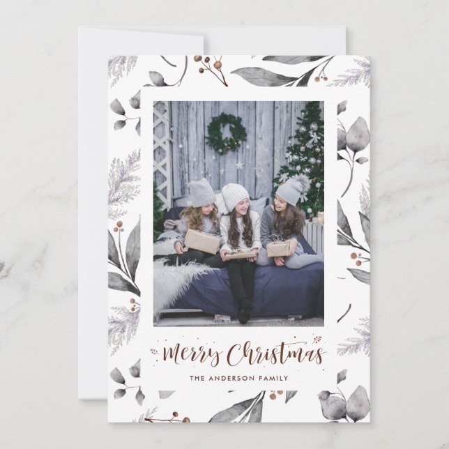 Aquarelle Berries d'hiver Cartes de Noël vertes (Devant)