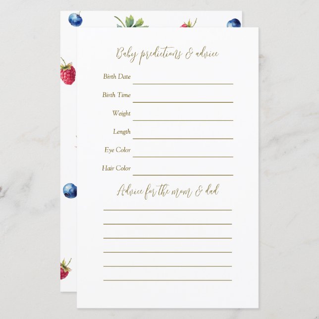 Aquarelle Berry Sweet Baby shower Guesser Jeu (Devant / Derrière)