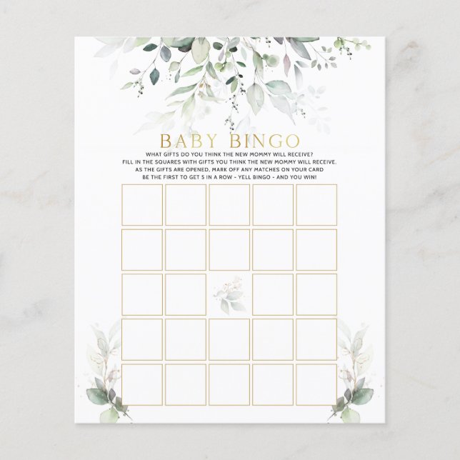 Aquarelle Bingo Baby shower Eucalyptus Bingo (Devant)