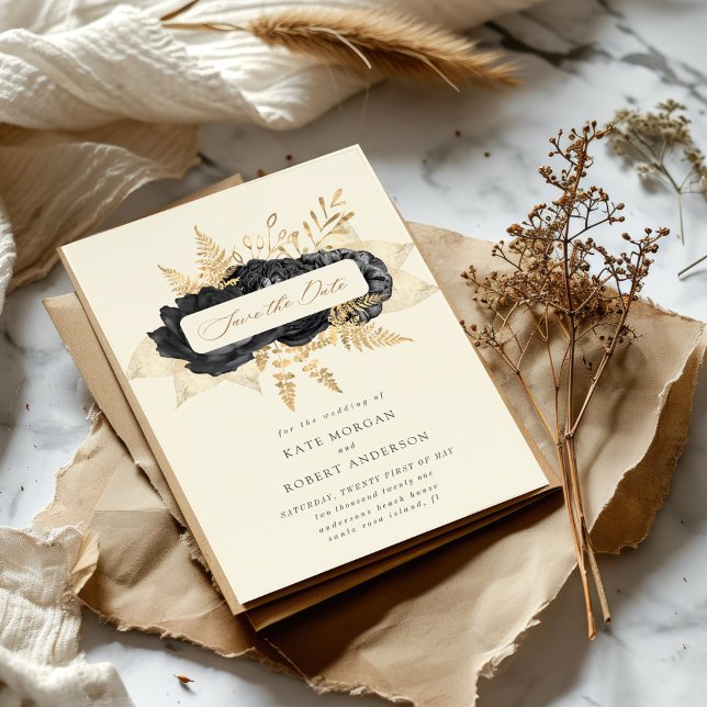 Aquarelle Black Gold Roses Enregistrer la date (Créateur téléchargé)