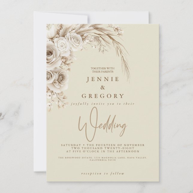 Aquarelle Blanc Boho Mariage Floral Invitation (Devant)
