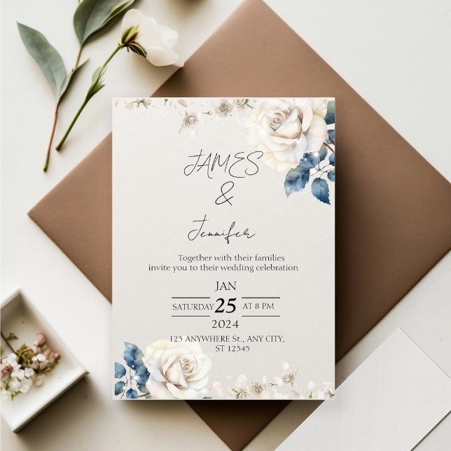 aquarelle blanc fleurs invitations de mariage (Créateur téléchargé)