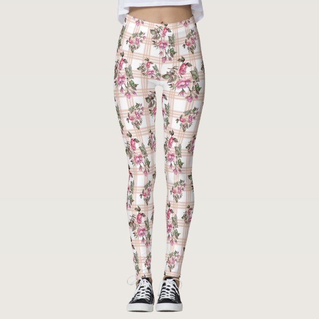 Aquarelle blanche/Rose Plaid Leggings femmes (Devant)
