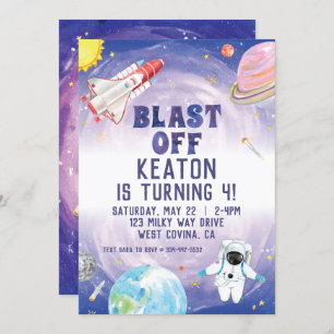 Aquarelle Blast off Space Invitation Anniversaire