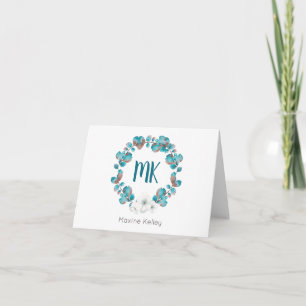 Aquarelle Bleu Blanc Floral Wreath Monogramme