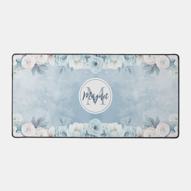 Aquarelle bleu blanc monogramme floral | Nom (Recto)