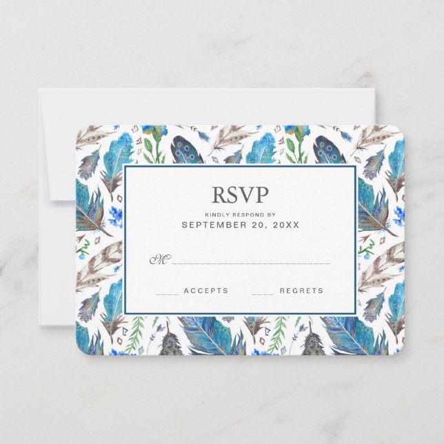 Aquarelle bleu Boho Aztec - Mariage RSVP (Devant)