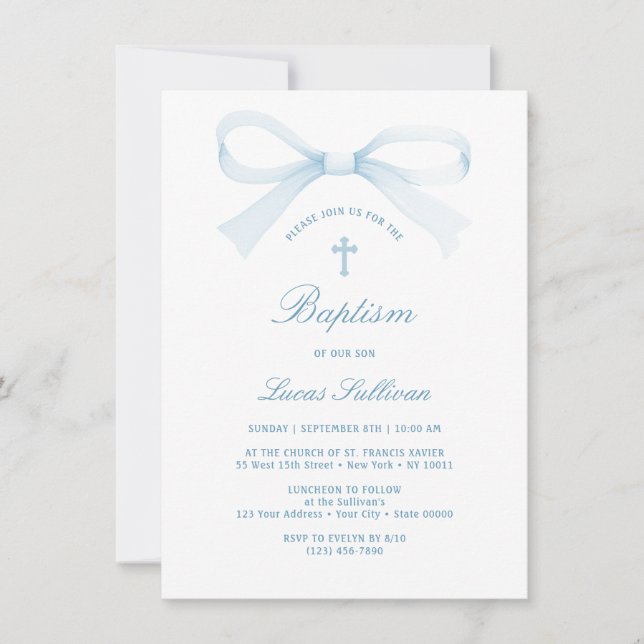 Aquarelle bleu Bow Baptême Invitation (Devant)