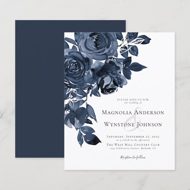 Aquarelle bleu budget Faire-part de mariage floral (Devant / Derrière)