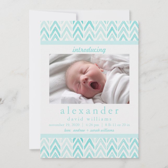 Aquarelle Bleu Chevron Faire-part de naissance béb (Devant)