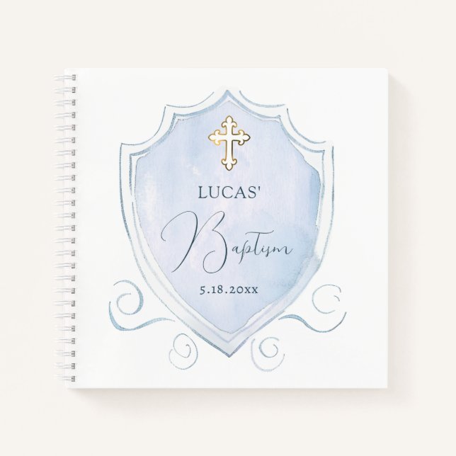 Aquarelle bleu clair Crest Baptême Livre d'invité (Devant)