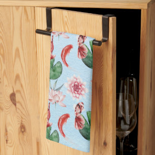 Aquarelle Bleu clair Koi Poisson Pond Serviette de