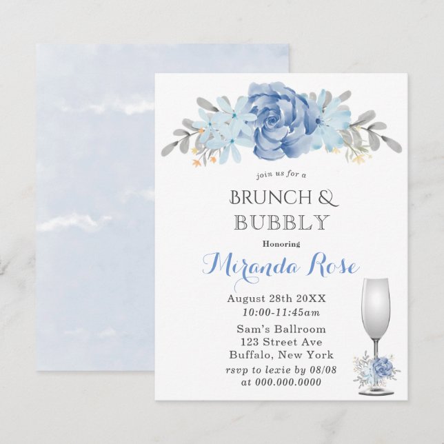 Aquarelle bleu Dusty Brunch & Bubbly Invitations (Devant / Derrière)