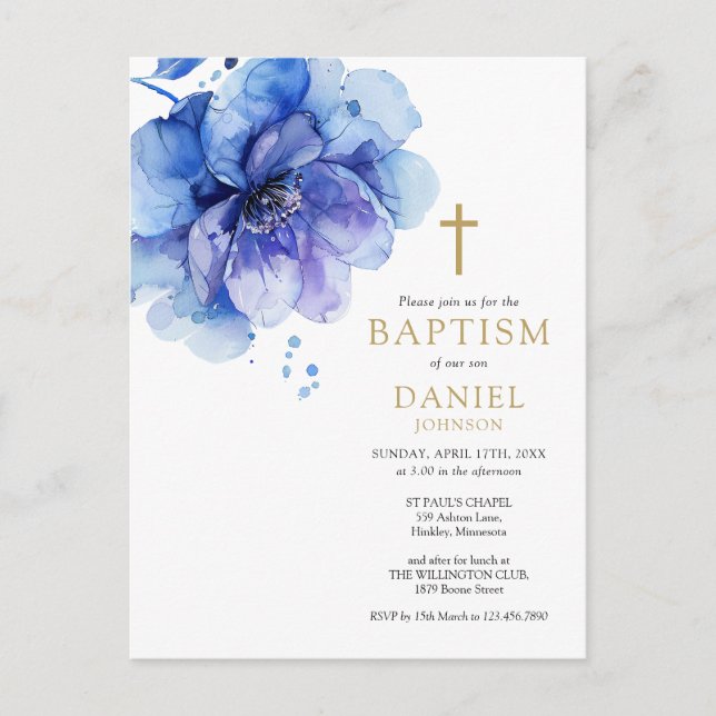 Aquarelle bleu Dusty Floral Baptism Invitation (Devant)