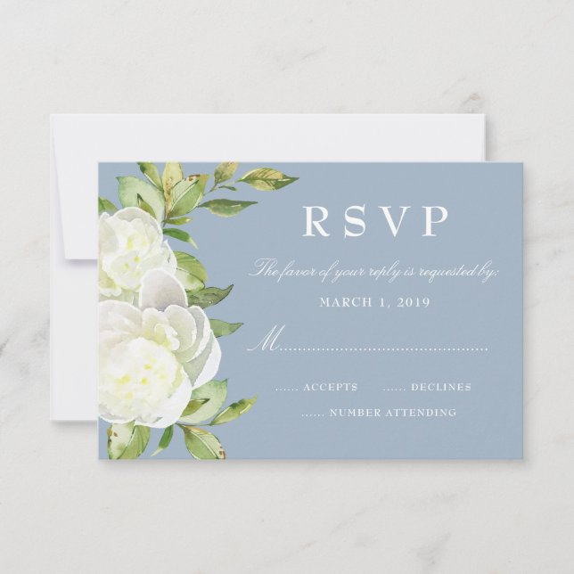 Aquarelle bleu Dusty Floral Peony Wedding RSVP (Devant)