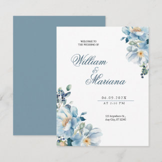 Aquarelle bleu élégant faire-part de mariage flora