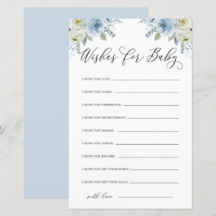 Aquarelle Bleu et Fleurs Blanches Voeux pour bébé