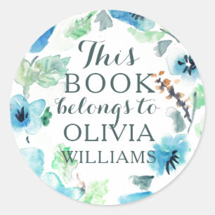 Aquarelle Bleu Fleurs Ce Livre Appartient Stickers