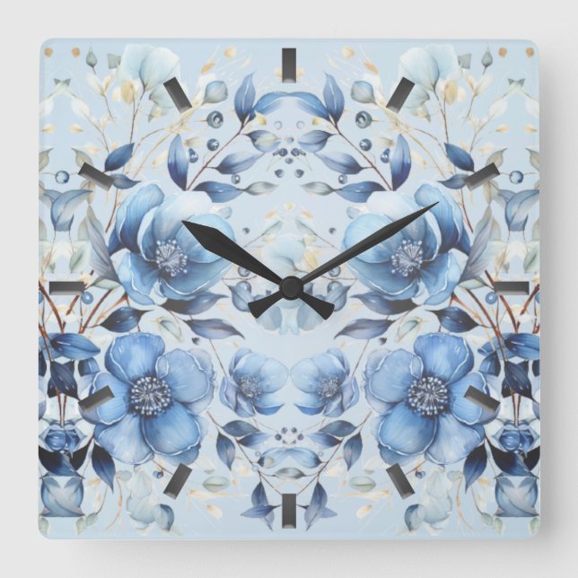 Aquarelle Bleu Fleurs Horloge murale (Recto)
