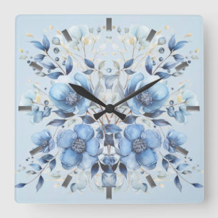 Aquarelle Bleu Fleurs Horloge murale
