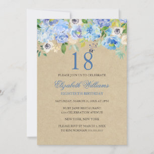 Aquarelle bleu floral 18e anniversaire Invitation